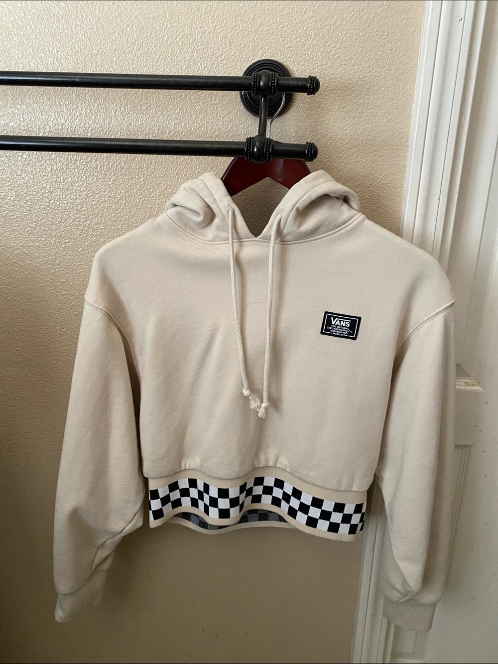 Vans Cream Cropped Hoodie with Black & White Checker Trim